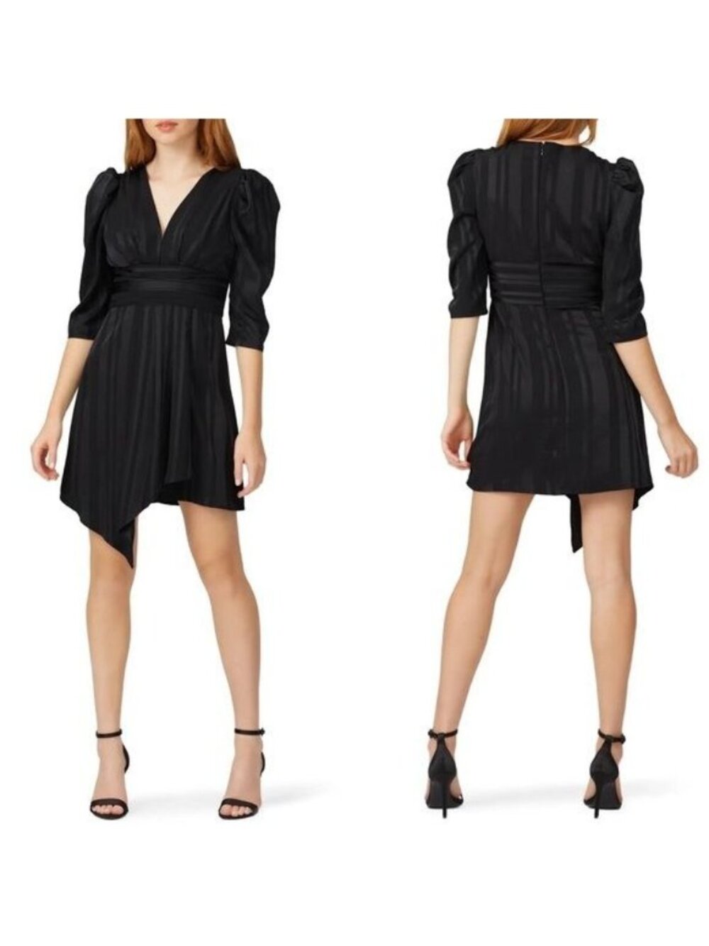 J.O.A Pleated Vneck Mini Dress S Black Jacquard Stripe Ruffle Satin Cocktail